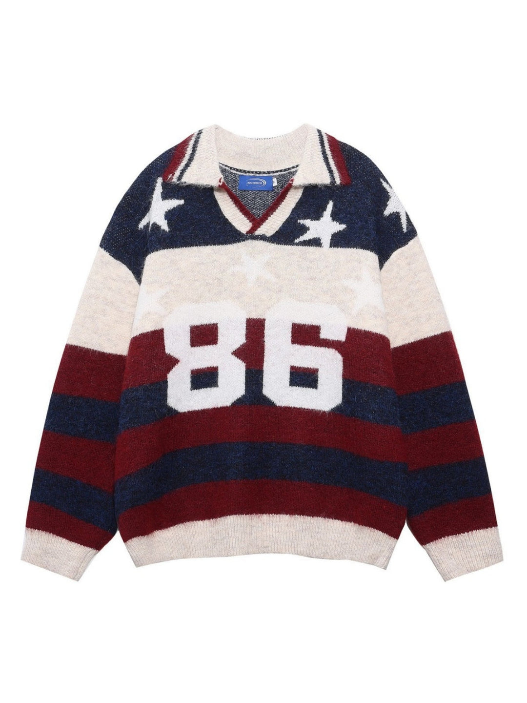 Christmas Retro Contrasting Colors Stripes Star Numbers Jacquard Lapel Sweater