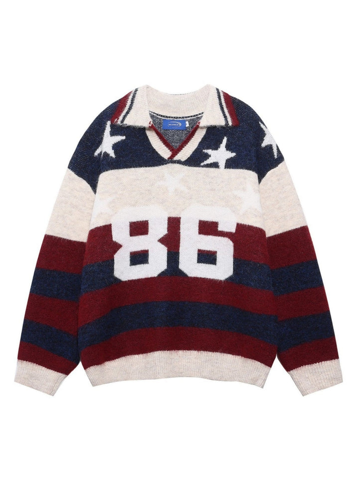 Christmas Retro Contrasting Colors Stripes Star Numbers Jacquard Lapel Sweater
