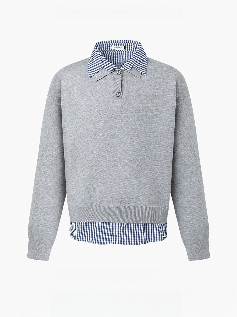 Plaid Shirt Collar Splicing Fake Two Pieces Sweaters