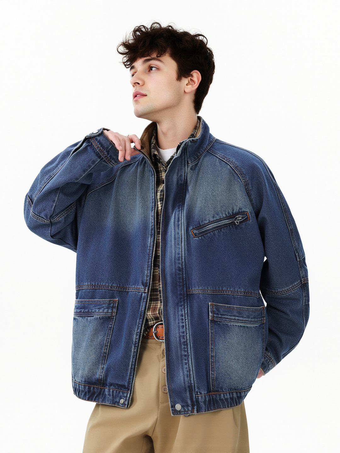 Retro Washing Stand Collar Zipper Workwear Denim Jacket