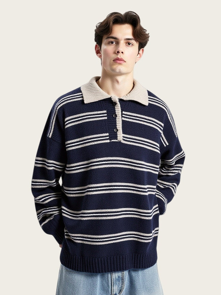 Stripes Contrasting Colors Polo Collar Loose Sweaters