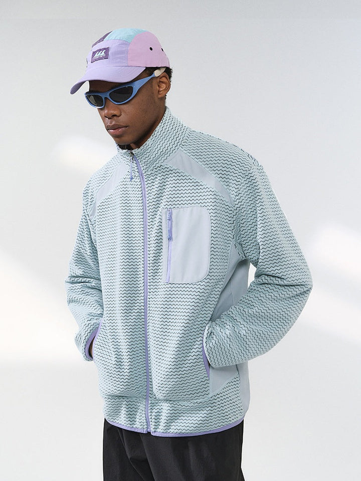 Wave Pattern Contrasting Colors Zipper Light Outdoor Plush Sweatshirt Sports Jacket