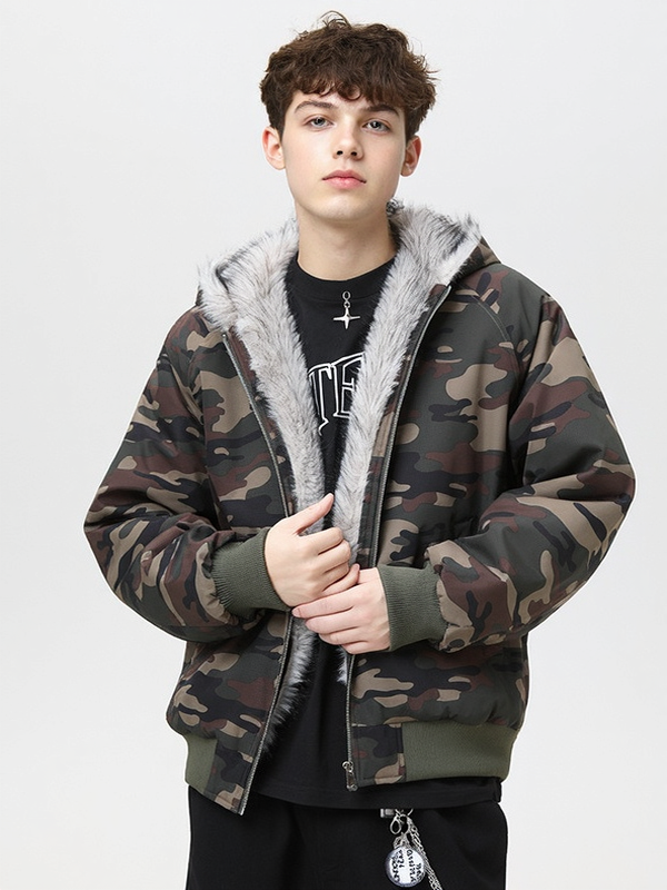 Camouflage Fur Collar Hooded Cotton Jacket