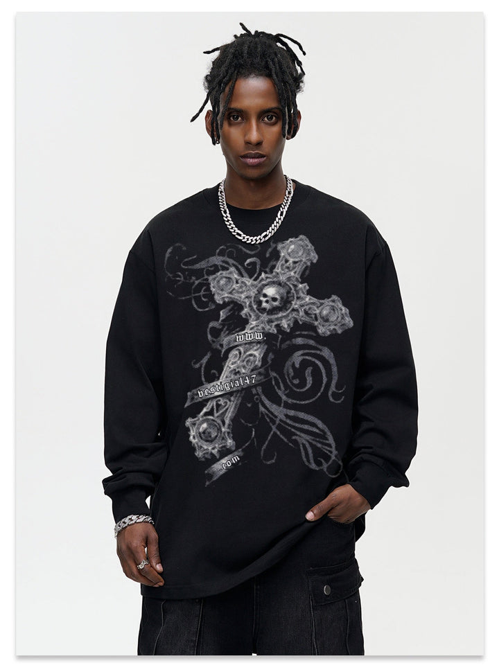 High Street Cross Retro Print Washing Old Long-sleeved T-shirt