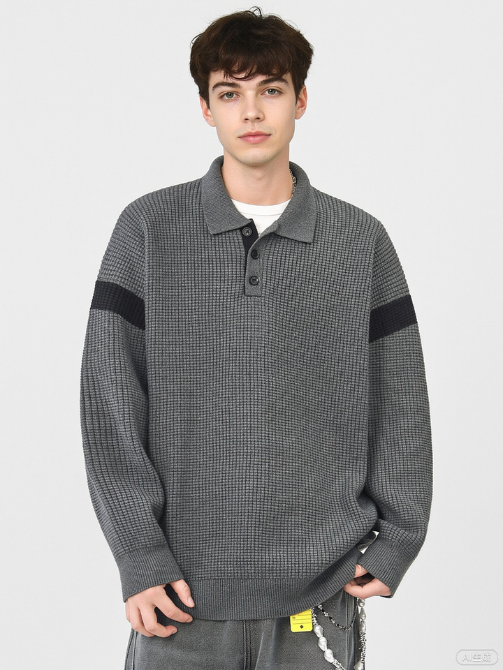 Color Matching Simplicity Loose Polo Lapel Sweaters