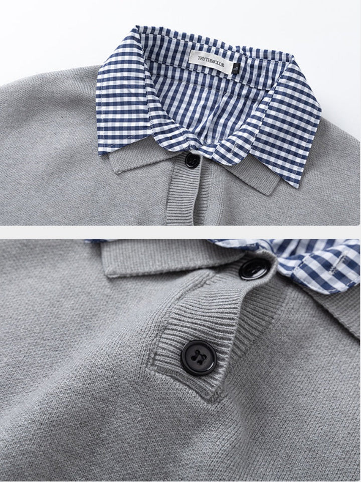 Plaid Shirt Collar Splicing Fake Two Pieces Sweaters