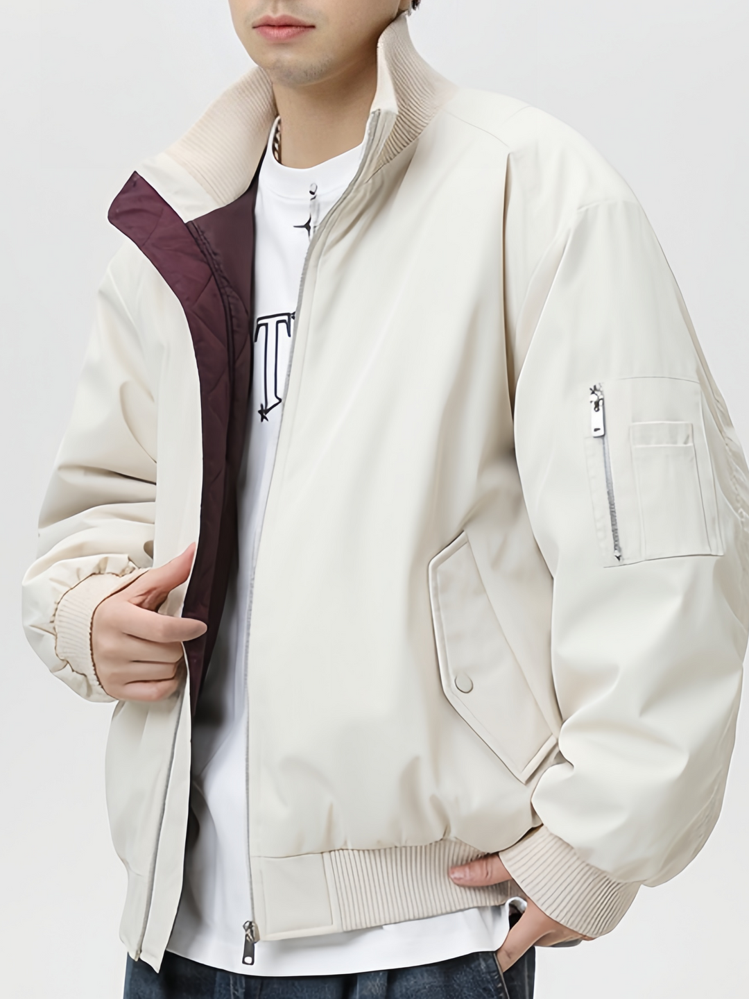 Cleanfit Triple-proof Warm High-collar Flight Jacket In Dark Red