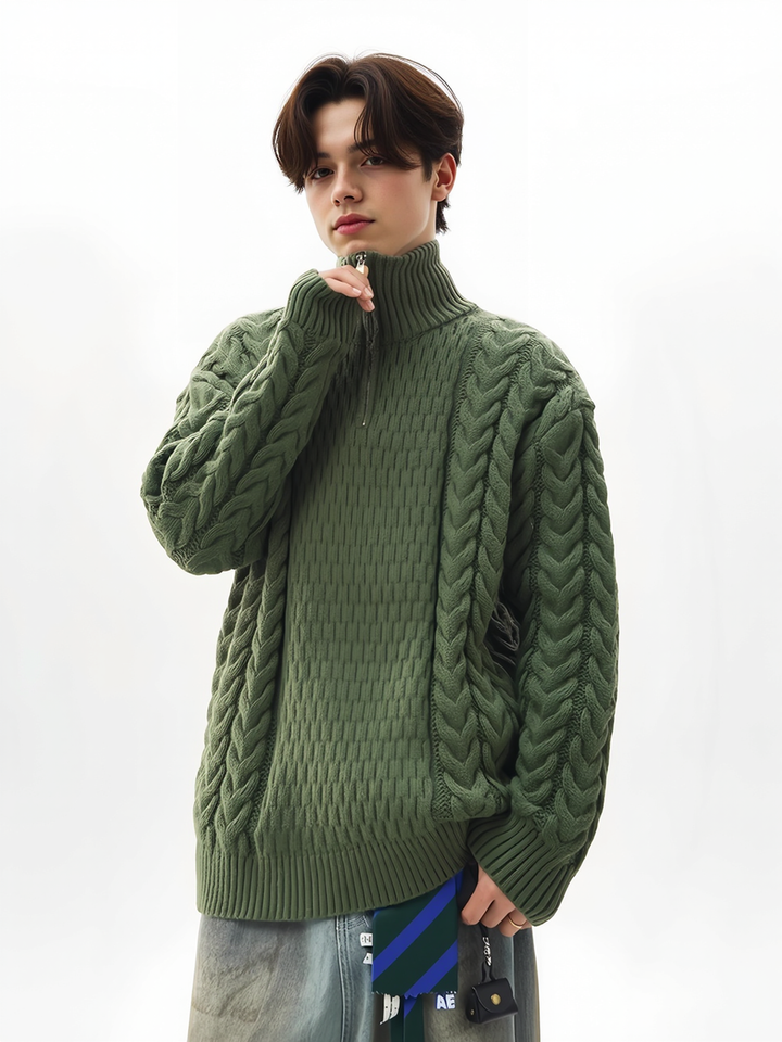 Coarse-pitted Fried Dough Twist Half Zipper Loose Hood Old Money Style Sweater