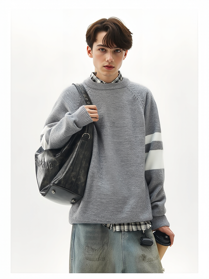 Striped Texture Contrasting Colors Loose Leisure Pullover Sweater