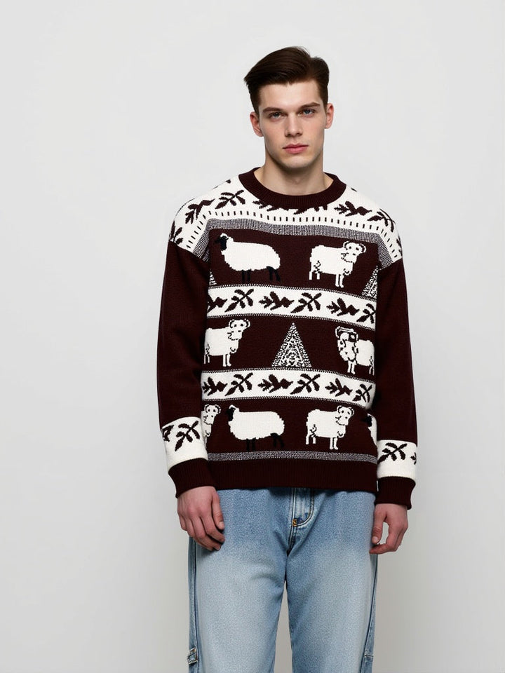 Christmas Retro Interesting Animals Stripes Contrasting Colors Pullover Sweater