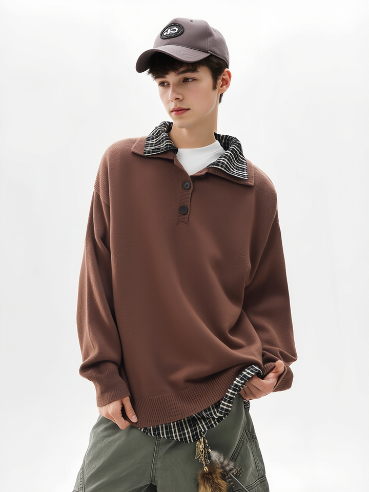 Retro Contrasting Colors Plaid Fake Two Pieces Splicing Sweater