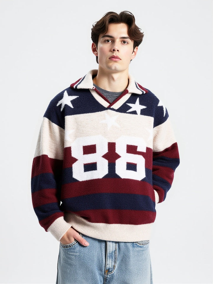 Christmas Retro Contrasting Colors Stripes Star Numbers Jacquard Lapel Sweater