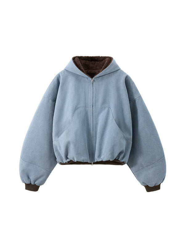 Plush Colorblock Hooded Zipper Jacket