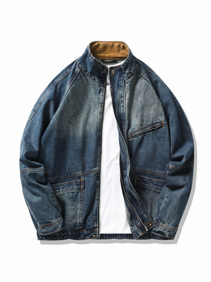 Retro Washing Stand Collar Zipper Workwear Denim Jacket