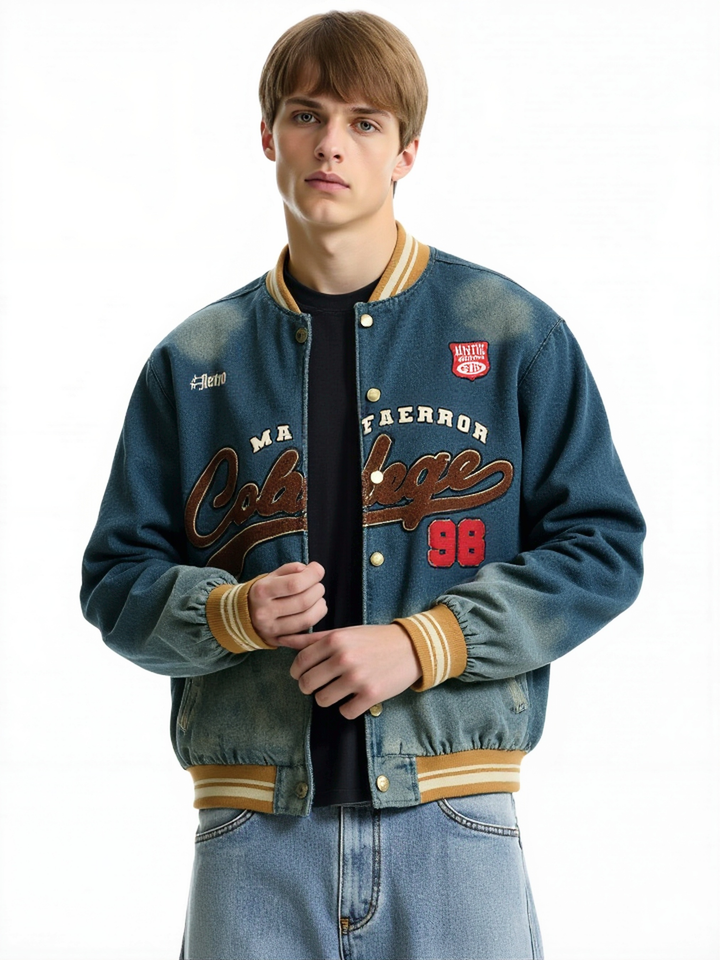 Retro Washing Letter Embroidery Baseball Uniform Denim Jacket