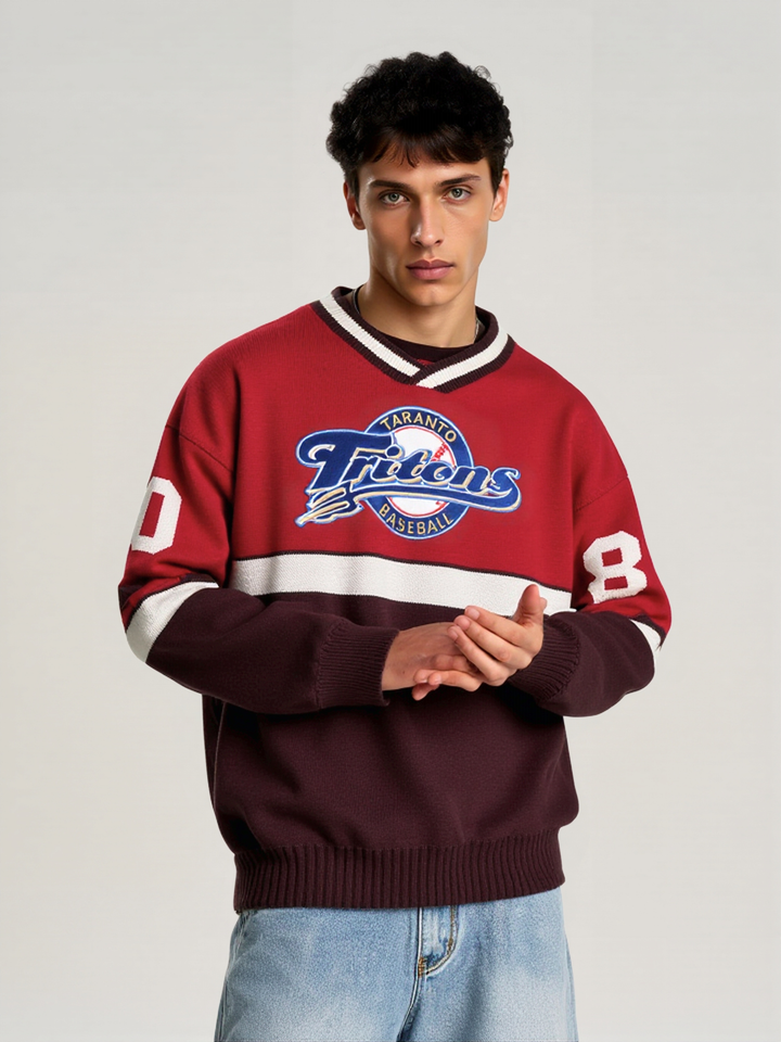 Christmas Retro Color Matching Letter Embroidery V-neck Sweater