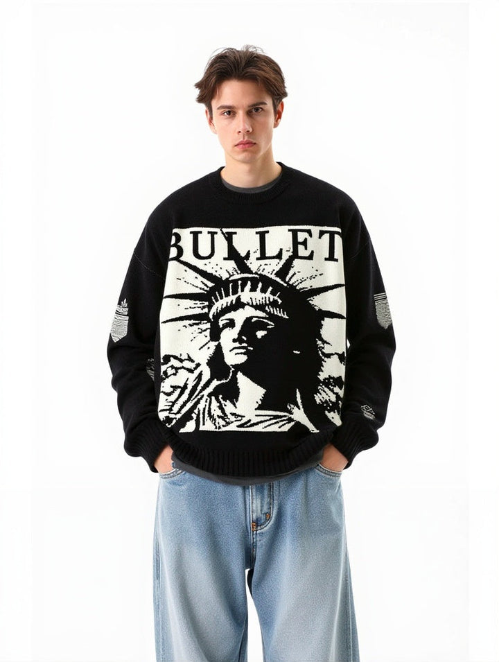 Retro Character Pattern Loose And Casual Destroyed Sweater