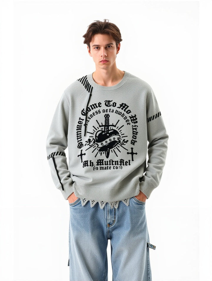 Dark Cross Jacquard Contrasting Colors Sutures Cut Destroy Sweater