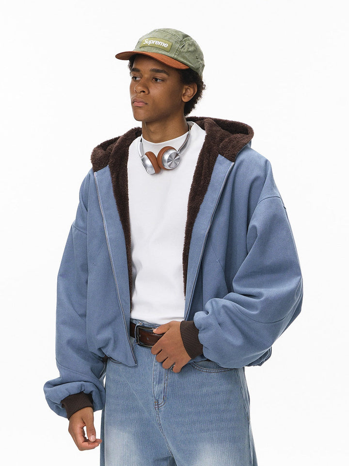 Plush Colorblock Hooded Zipper Jacket