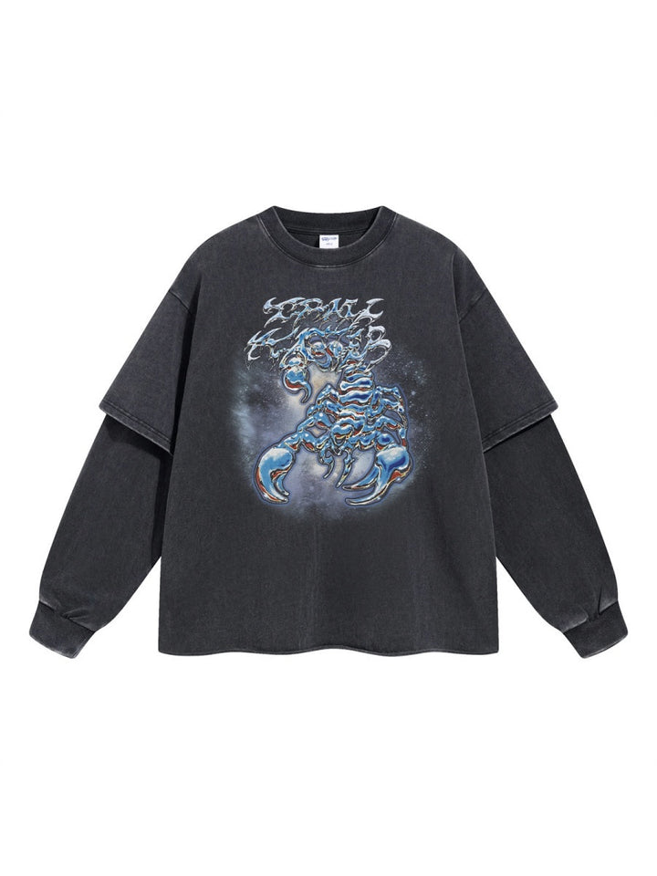 Scorpion Printed Street Fake Two Pieces Spliced Sleeves Washing And Aging Long-sleeved T-shirt