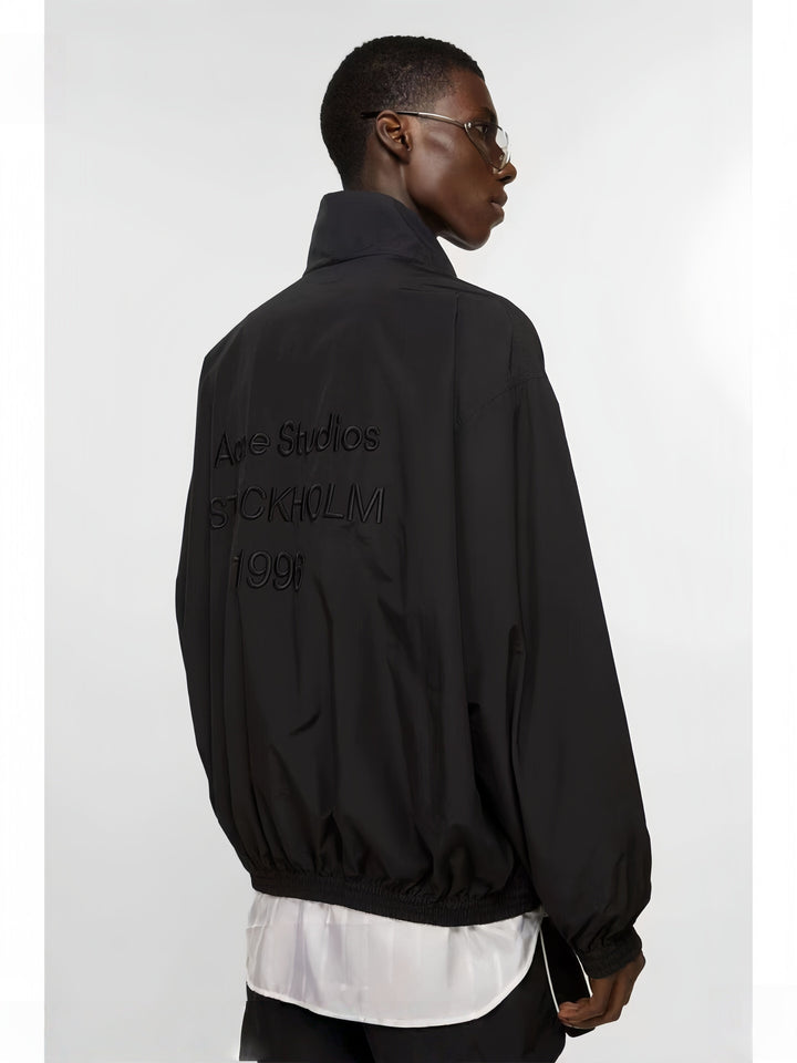 AC Letter Embroidery Stand Collar Zipper Double Layer Loose Jacket