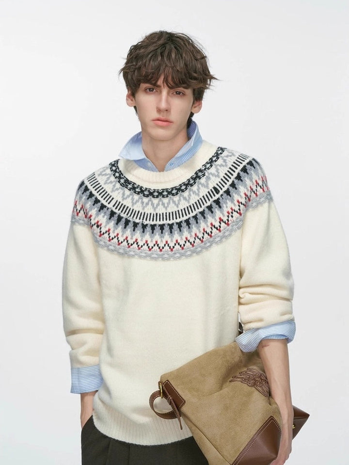 Retro Fair Isle Jacquard Crew Neck Sweaters