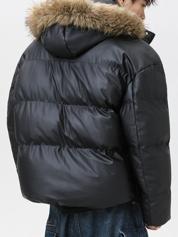 Thickening PU Leather Keep Warm Short Hooded Cotton-padded Clothes Parker Coat