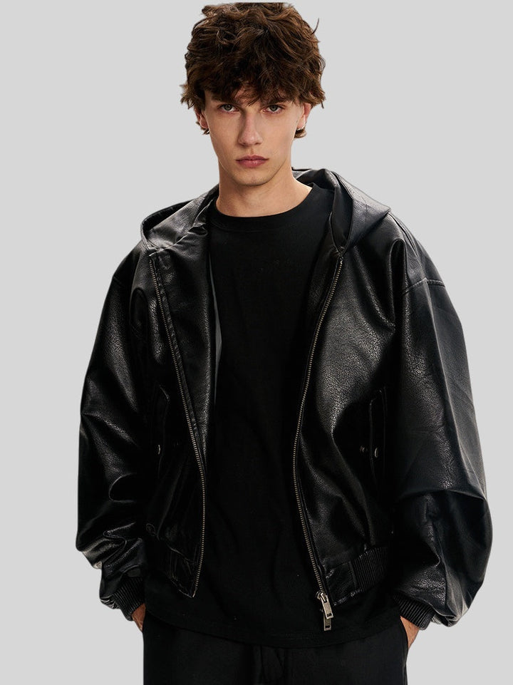 Hooded Short And Wide Black Relief Pattern Locomotive PU Jackets