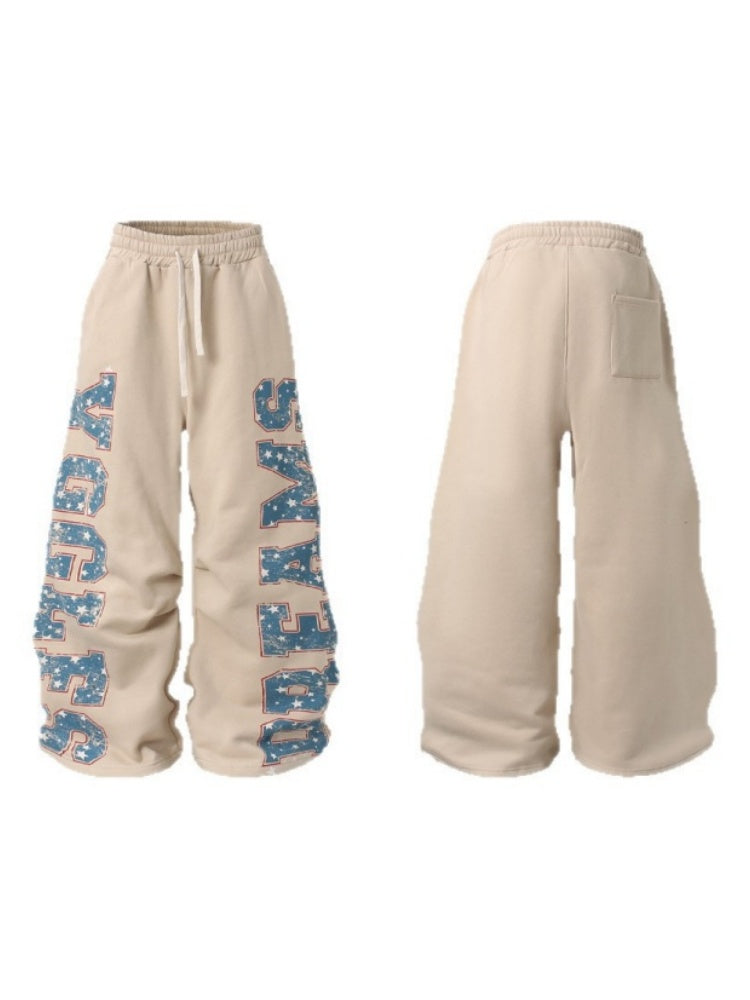 Star Letters Old Printed Machete Wide-leg Pants Plush Thermal Pants