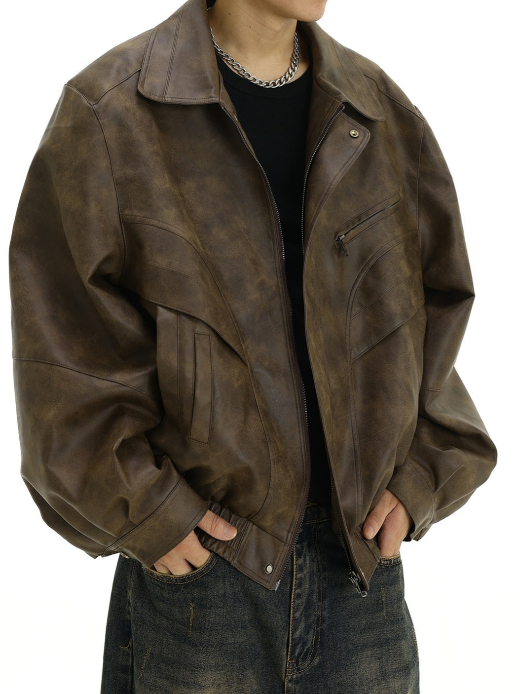 Brown Distressed Lapel Leather Jacket Jackets