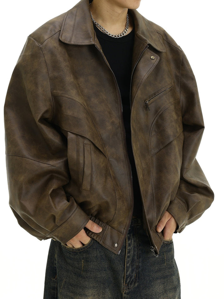 Brown Distressed Lapel Leather Jacket Jackets