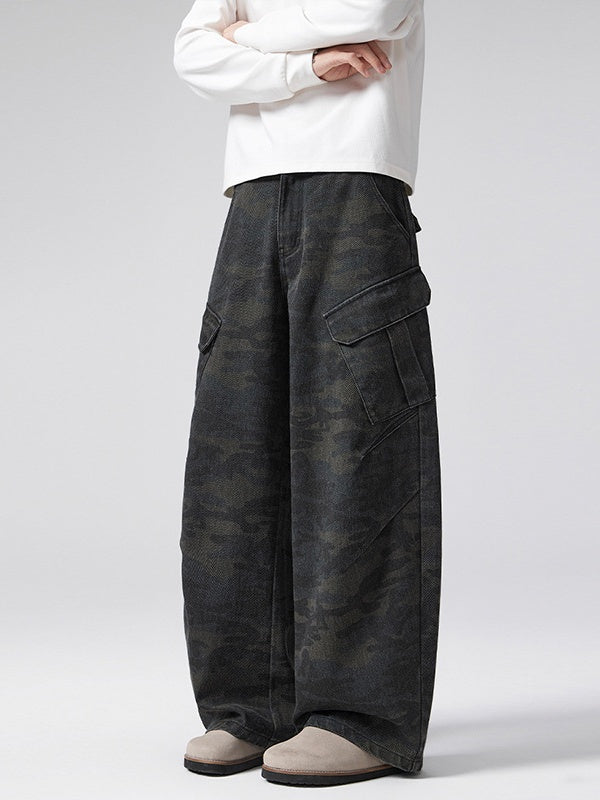 Retro Worn Out Machete Camouflage Multiple Pockets Pleated Cargo Trousers