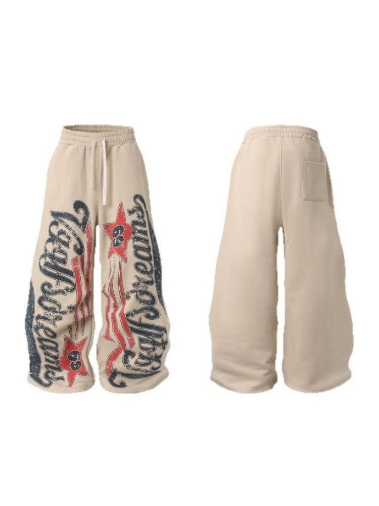 Plush Graffiti Print Loose Leisure Wide-leg Trousers