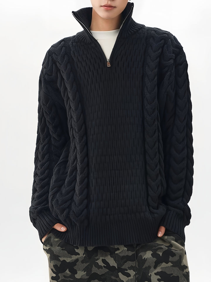 Coarse-pitted Fried Dough Twist Half Zipper Loose Hood Old Money Style Sweater