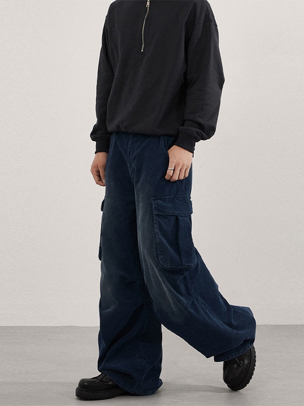 Retro Washing Corduroy Leisure Pleated Multiple Pockets Cargo Trousers