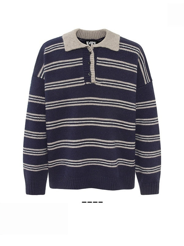 Stripes Contrasting Colors Polo Collar Loose Sweaters