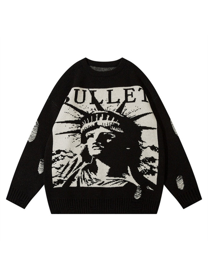 Retro Character Pattern Loose And Casual Destroyed Sweater