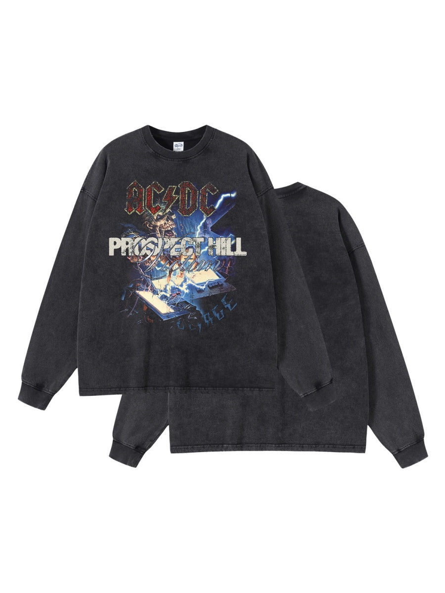 Rock Music Personality Washing Water Printed Long-sleeved T-shirt
