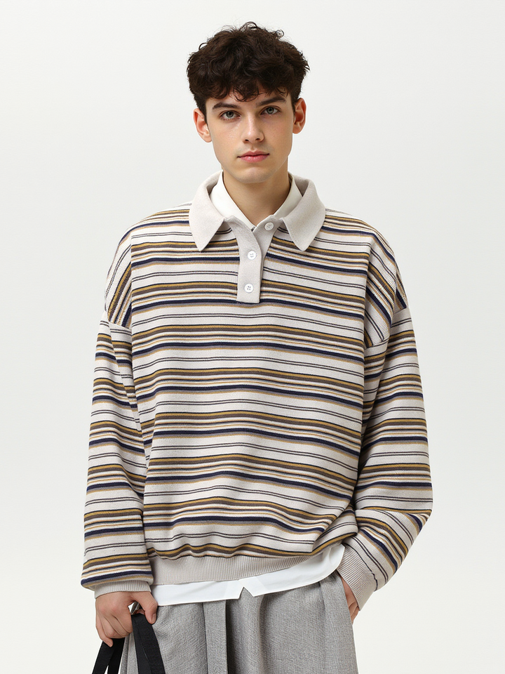 Retro Contrasting colors Stripes Lapel sweater