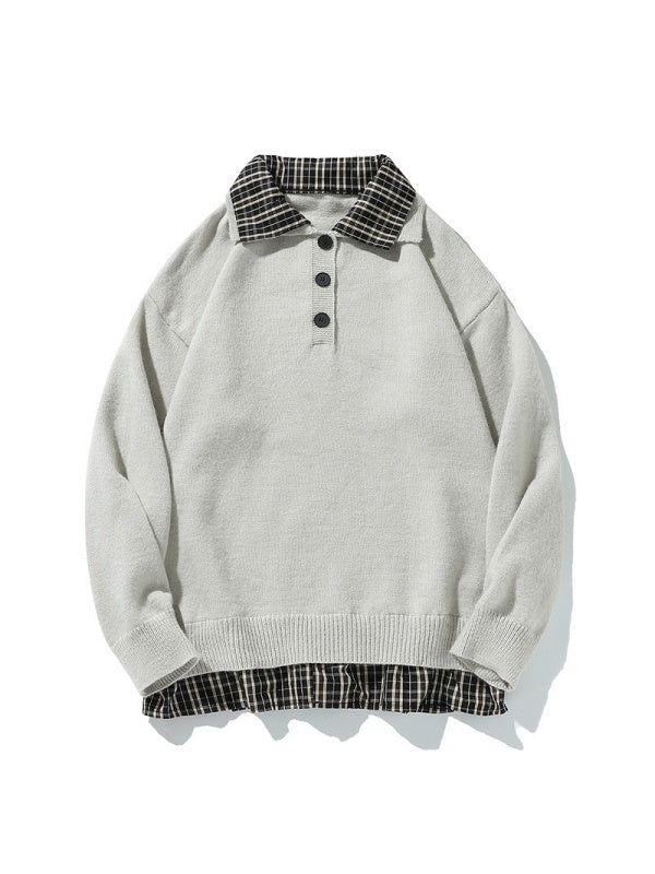 Retro Contrasting Colors Plaid Fake Two Pieces Splicing Sweater