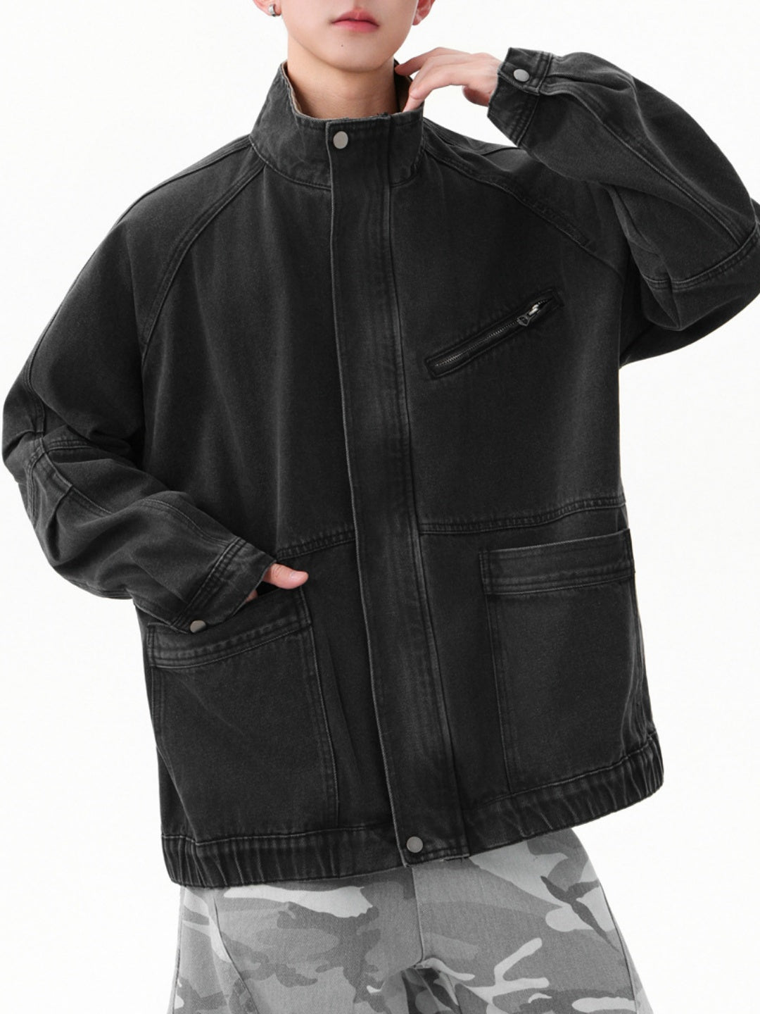 Retro Washing Stand Collar Zipper Workwear Denim Jacket