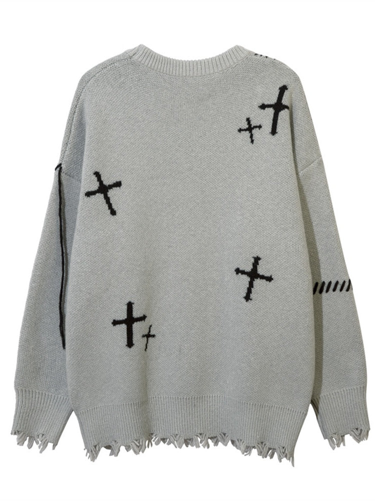Dark Cross Jacquard Contrasting Colors Sutures Cut Destroy Sweater