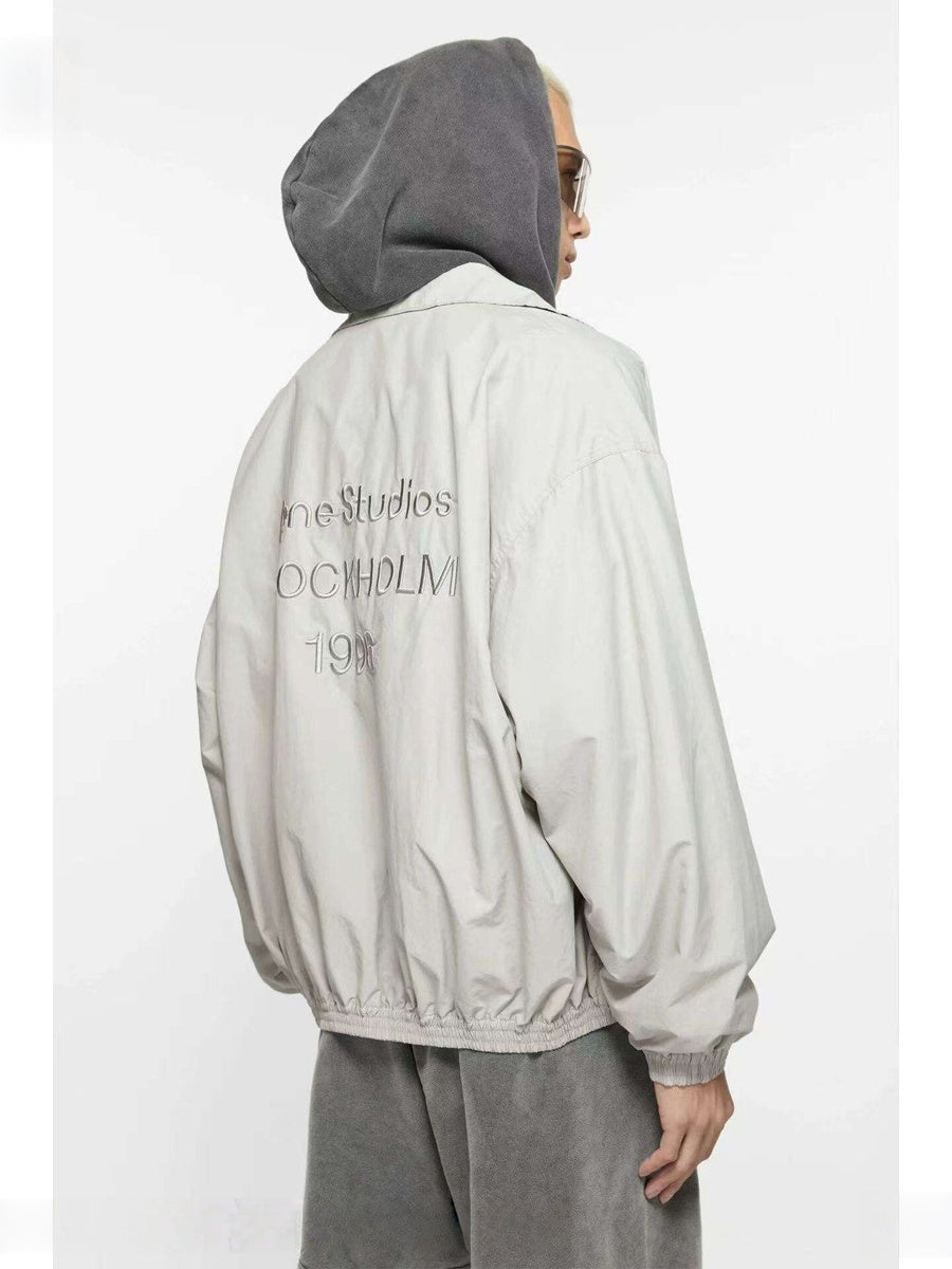 AC Letter Embroidery Stand Collar Zipper Double Layer Loose Jacket