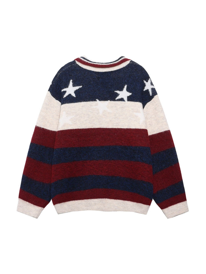 Christmas Retro Contrasting Colors Stripes Star Numbers Jacquard Lapel Sweater