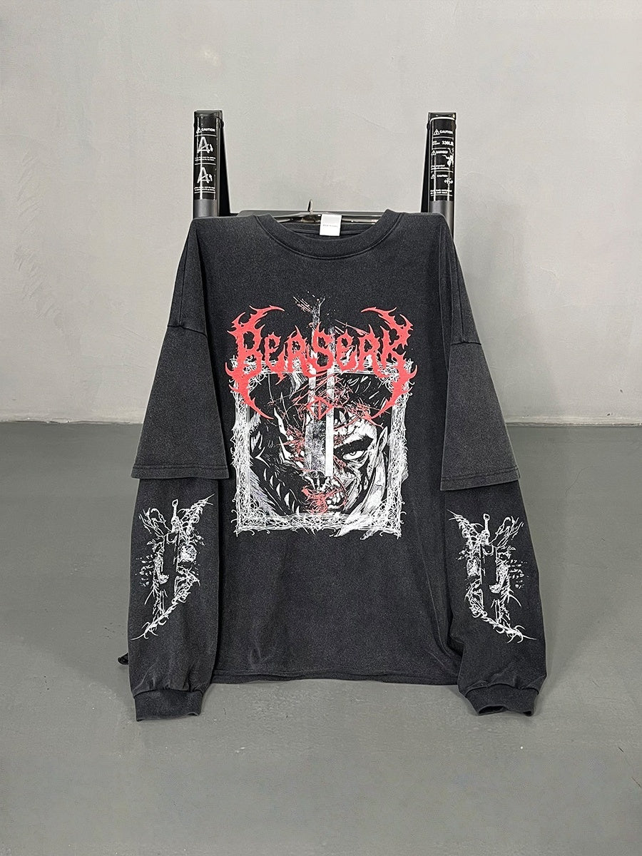 Dark Aesthetics Fake Two-piece Splicing Digital Direct Printing Long-sleeved T-shirt