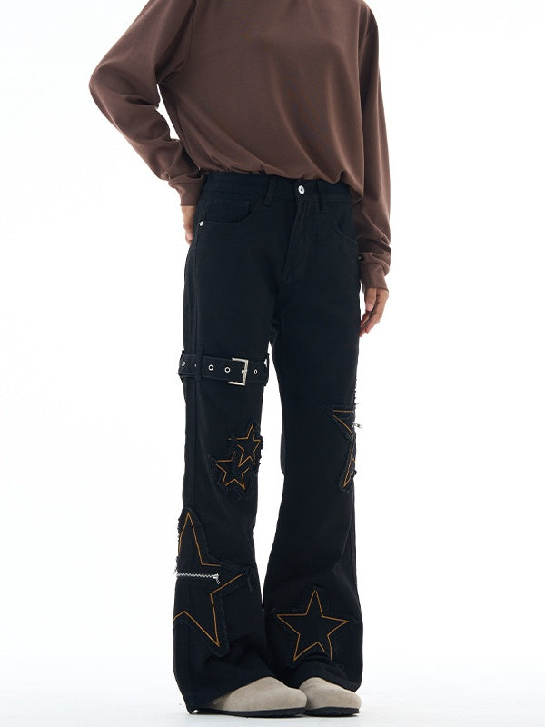 Star Embroidery Slightly Flared Casual Pants