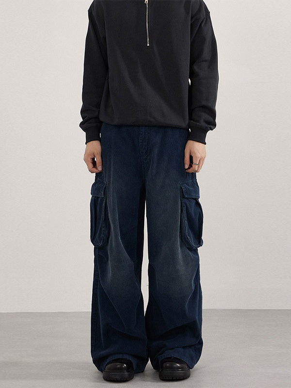 Retro Washing Corduroy Leisure Pleated Multiple Pockets Cargo Trousers