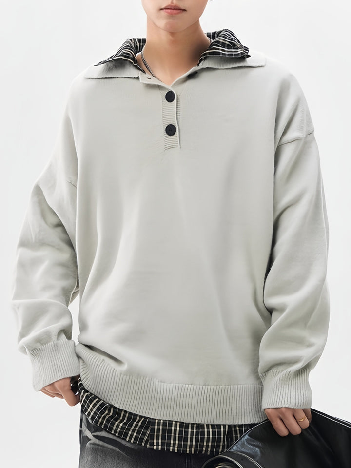 Retro Contrasting Colors Plaid Fake Two Pieces Splicing Sweater