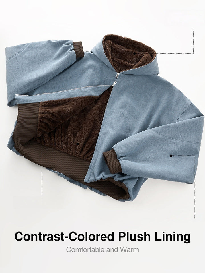 Plush Colorblock Hooded Zipper Jacket