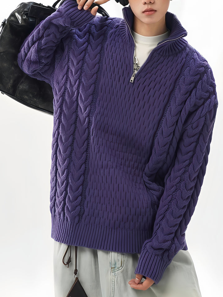 Coarse-pitted Fried Dough Twist Half Zipper Loose Hood Old Money Style Sweater